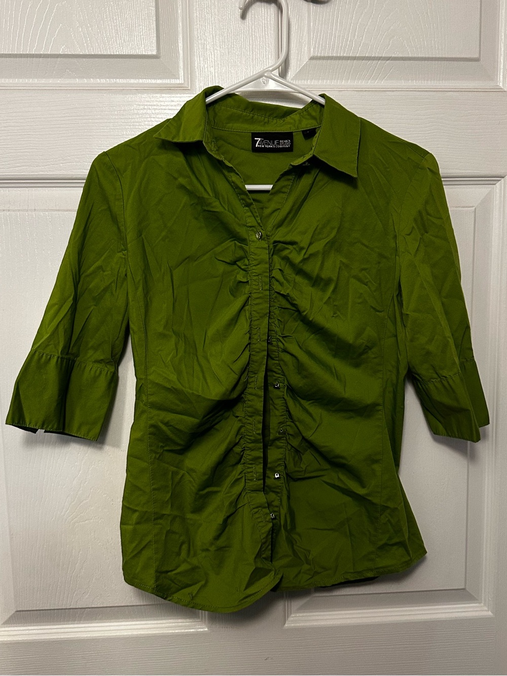 New York & Company Olive Green Ruffle-Front Button Blouse
